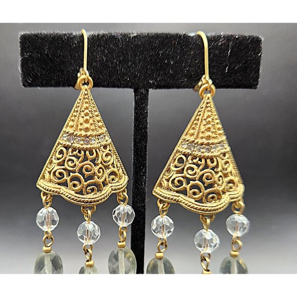 Filigree Crystal Bi-Cone Beaded Dangle Chandelier Earrings BoHo Green - Picture 4 of 11